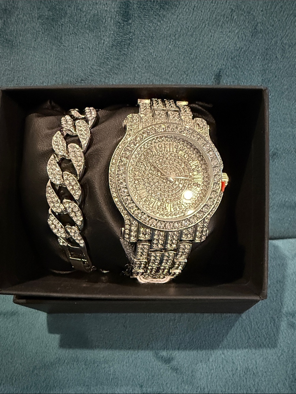Silver-Tone Pave Crystal Watch and Bracelet Set ICED OUT WATCH AND BRACELET